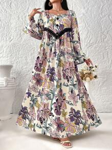 Al Najma Elegante, losse, bescheiden jurk met lange mouwen en willekeurige bloemenprint voor dames