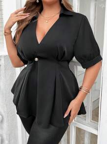 Celure Plus Size Summer Casual Solid Color Wrap Waist Blouse