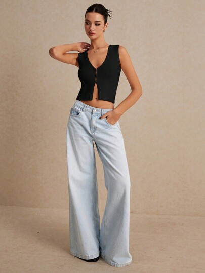 Poéselle Women's Summer Casual Solid Color Sleeveless Knit Top Simple Tank Top Open Placket Vest With Slit At Hem White Tank Top Summer V Neck Beige Vest Vacation Cardigan Holiday Tops V Neck Asymmetric Hem,Going Out Top In Fall/Winter