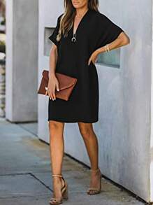 SHEIN LUNE Contrast Mesh Batwing Sleeve Tee Dress - Black - View 5