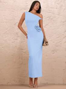 SHEIN BAE Vestido con estampado floral 3D con abertura alta para mujer, hombro asimétrico, unicolor, pliegues y hombro oblicuo sexy, para verano, vacaciones y citas románticas