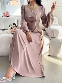 Modelyn 珍珠串珠长款灯笼袖褶饰休闲阿拉伯朴素连衣裙长款晚礼服 - 粉色 - 查看 6