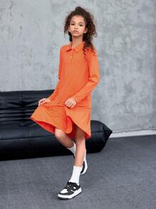 Váy in chữ cổ áo sơ mi rộng rãi cho bé gái tuổi mới lớn có thiết kế viền bèo nhún, vải dệt kim, thường ngày - trái cam - Xem 6