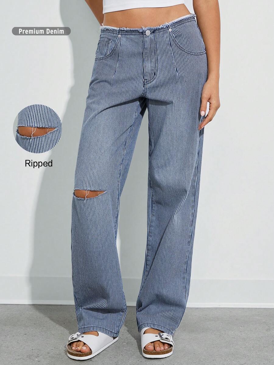 WESTFADE Quần Jeans Ống Đứng Sọc Denim Cotton Cao Cấp - Rửa tối - Xem 1