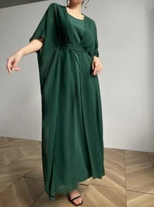 Modelyn 2pcs Women's Solid Color Minimalist Casual Mesh Vest Dress Set - Dark Green - View 7