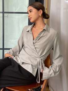 DAZY Women Solid Long Sleeve Lace-Up Asymmetrical Work Blouse - Grey - View 6