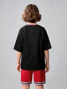 SHEIN 2pcs Tween Boy's Loose Casual Sports Letter Print T-Shirt And Shorts Set - Black - View 2