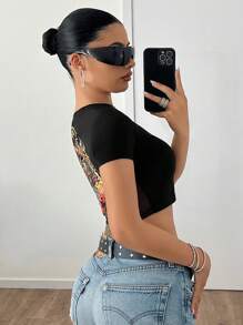 SHEIN ICON 纯色短袖 Y2K 返校季女款黑色中国龙印花 T 恤 - 黑色 - 查看 7