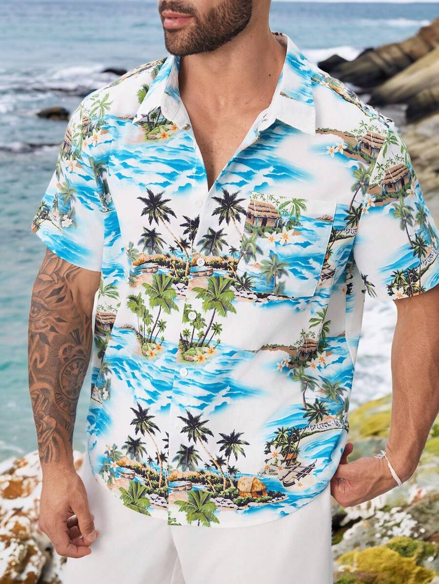 ResortEase Men's Plus Size Vacation Shirt With Turn-Down Collar - Blue - View 1