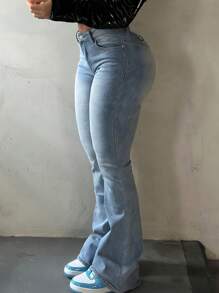 NVFelix Quần jeans ống loe ôm dáng in họa tiết dành cho nữ, chất liệu co giãn, gợi cảm và thanh lịch, phong cách thời trang đường phố Y2K, màu xanh dương, hoàn hảo cho mùa đông, Lễ Tạ ơn và Năm mới. Hàng mới về - Rửa nhẹ - Xem 4