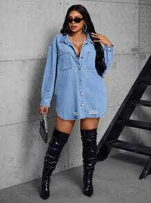 SHEIN SXY 大码时尚牛仔无弹力休闲夹克 - 藍色 - 查看 4