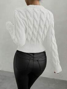 Chiquease Plain Crew Neck Long Sleeve Casual Pullover Sweater - White - View 3