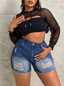 SHEIN SXY Grote maat dameszakken met versleten, ruwe zoom casual denim shorts