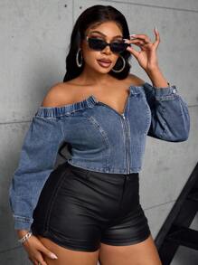 SHEIN SXY 大码纯色拉链露肩长袖牛仔衬衫 - 深色水洗藍 - 查看 5