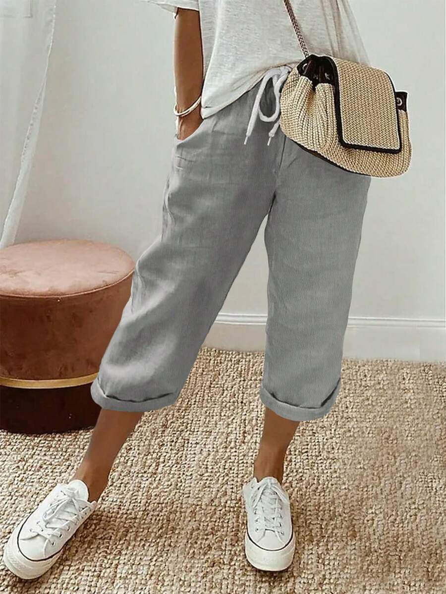 Plus Size Women Casual Solid Color Capri Pants - Grey - View 1