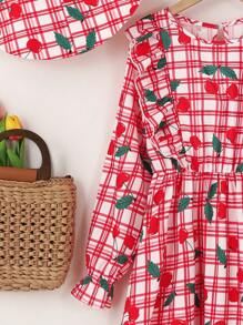 SHEIN Girls' (Big) Casual Sweet Cherry Plaid Ruffle Collar Long Sleeve Dress With Hat, Ideal For Vacation