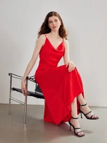 MOTF STUDIO SOLID COWL NECK FLARE HEM SLIP DRESS - Green - View 2