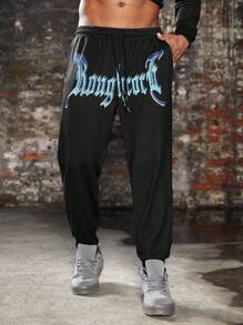 Manfinity LEGND Plus Size Men's Letter & Skull Print Drawstring Sweatshirt And Pocket Pants Set,Halloween Clothes , Party , Goth , Plain , Letter - Black - View 4