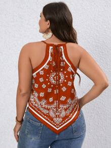 SHEIN VCAY 大码女式休闲无袖露背不对称下摆印花吊带背心 - 亮橙色 - 查看 2