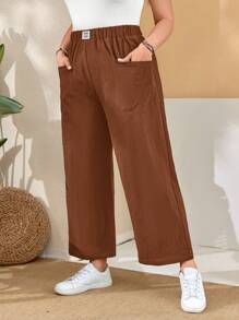 EMERY ROSE 大码 Women's Label 弹性腰部前口袋黑色长裤，适合春季 - 棕色 - 查看 6