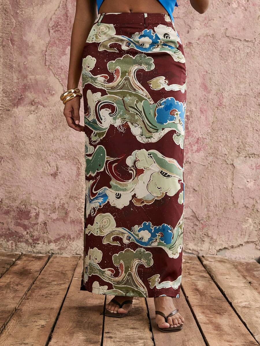 COSMINA Váy dài thẳng họa tiết khói mây phong cách Trung Hoa thanh lịch cổ điển dành cho nữ - Nhiều màu - Xem 1