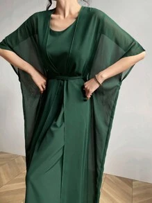 Modelyn 2pcs Women's Solid Color Minimalist Casual Mesh Vest Dress Set - Dark Green - View 3