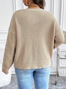 Flirla Pull en tricot texturé de couleur unie grande taille, pull automne hiver - Kaki - Voir 2