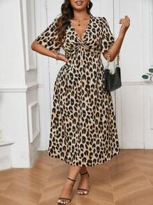 SHEIN Frenchy Plus Size Fall Vintage Leopard Print Short Sleeve Kink Cinched 
Waist Dress - Multicolor - View 2