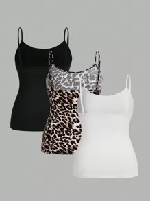 SHEIN Essnce 大码女装三件套，女士西装上衣，秋季打底外套豹纹吊带上衣，黑色上衣，白色上衣，可内搭，豹纹秋季女装上衣，秋季女装大码万圣节服装 - 彩色 - 查看 2