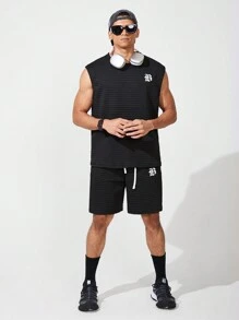 Gym Rark 男友风男士简约印花无袖上衣短裤运动套装健身健身套装 - 黑色 - 查看 3