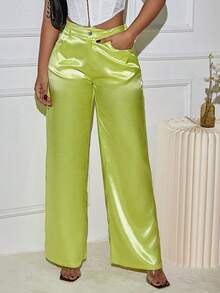 Satin Cao Cấp Dây Thắt Lưng Túi Nghiêng Ống Rộng Hàng Ngày Quần Âu Đi Làm Đầm Công Sở Quần - màu xanh lá - Xem 1