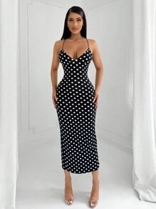 SHEIN SXY Vestido elegante y sexy de lunares blanco y negro con espalda descubierta y mariposa para mujeres