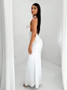 SHEIN SXY Women's Simple Minimalist Commute Satin Elegant Deep V-Neck Tie-Waist Backless Party Dress - White - View 3