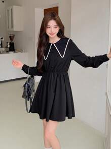 EastFlair 女性休閒對比花邊連衣裙 - 黑色 - 查看 4