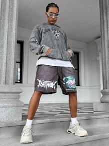 PAVTROS Quần Short Thắt Lưng Dây Rút Họa Tiết Tay & Khẩu Hiệu Cho Nam - màu đen - Xem 3