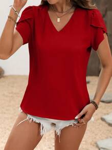 EMERY ROSE Women Solid Simple Casual Blouse For New Year Clothes,Short Sleeve Tops - Red - View 4