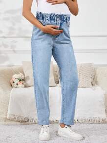 SHEIN Maternity Casual Straight Leg Jeans With Side Pockets & Frill Trim Waist - Light Wash - View 4