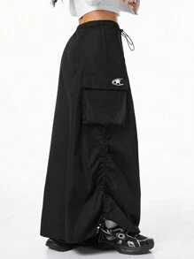 Muchica Girls Essentials Daily Wear Cargo Drawstring Maxi Skirts - Black - View 5