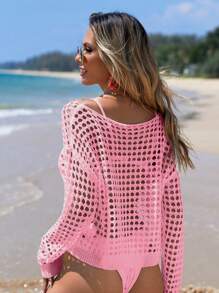 SHEIN Swim 夏季纯色镂空针织罩衫 - 粉色 - 查看 1