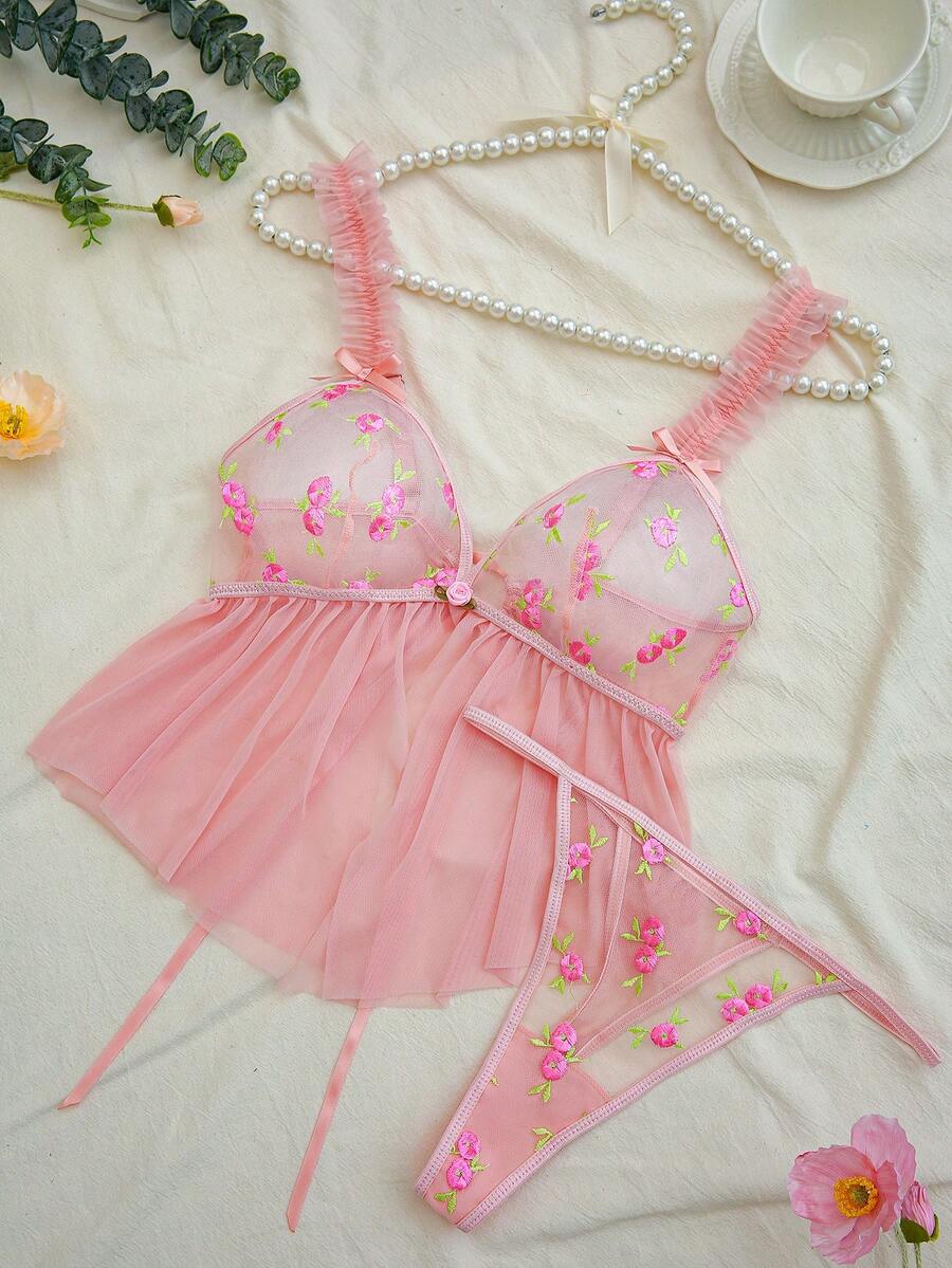 SHEIN Bộ đồ lót thêu lưới gợi cảm cho nữ - Màu Hồng  San hô - Xem 1