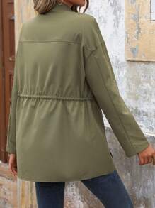 SHEIN LUNE Áo khoác thắt lưng dây rút tay cuộn màu trơn cho nữ, mùa xuân, mùa thu - màu xanh lá - Xem 2