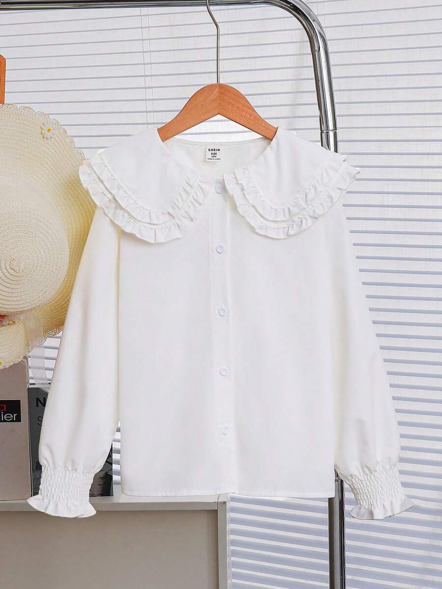 SHEIN Holiday,Summer,TravelTween Girl Casual Elegant Korean Style Wood Frill Trim Peter Pan Collar White Shirt, Long Sleeve - White - View 1