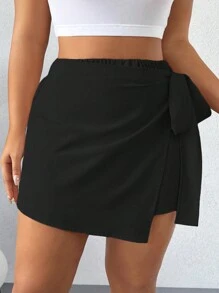 Elenzga Plus Size Women's Asymmetrical Hem Tie-Knot Side Casual Skort - Black - View 3