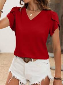 EMERY ROSE Women Solid Simple Casual Blouse For New Year Clothes,Short Sleeve Tops - Red - View 6