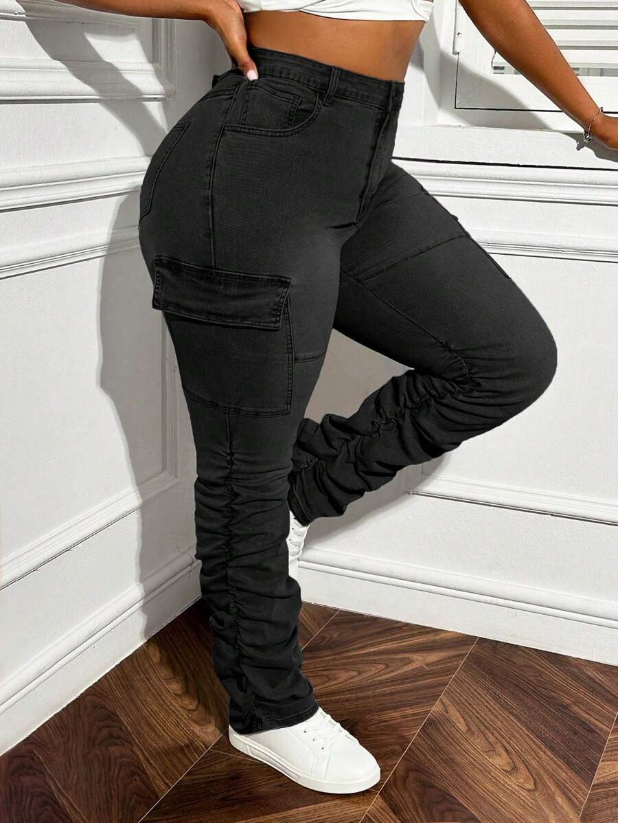 Slaydiva Plus Size Casual Washed Ruched Elastic Designed Denim Jeans - Black - View 1