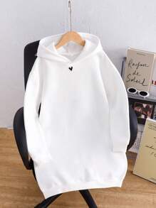 SHEIN Tween Girl Hooded Thermal Lined Long Sweatshirt - White - View 1