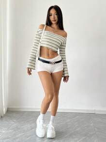SHEIN Unity Green Striped Fabric Off Shoulder Casual Loose Cropped Long Sleeve T-Shirt - Multicolor - View 3