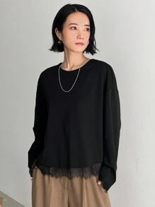 FRIFUL Camiseta holgada de manga larga para mujer de cuello redondo y unicolor de Primavera/Verano con borde de encaje, parte superior casual