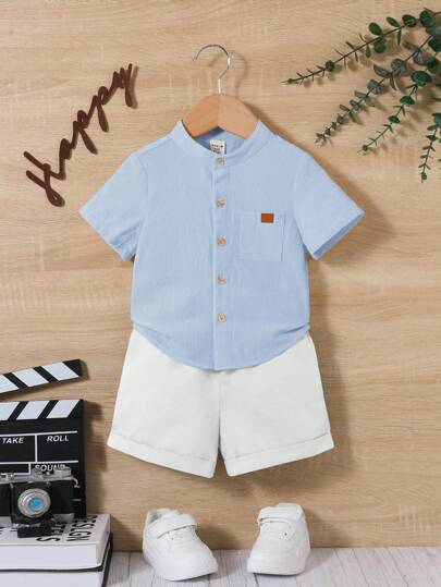 Bộ 2 áo thun tay ngắn cổ tròn màu xanh và trắng trơn cho bé trai, thích hợp cho tiệc sinh nhật, lễ rửa tội, lễ kỷ niệm sinh nhật lần thứ 1, tiệc tối, biểu diễn, đám cưới và các dịp khác