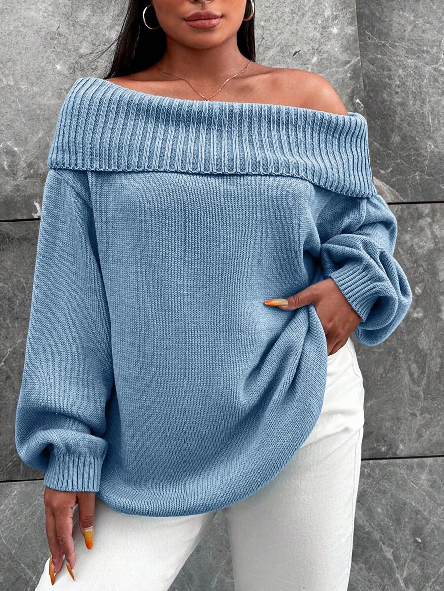 EURMUSE Plus Off Shoulder Foldover Sweater - Blue - View 1
